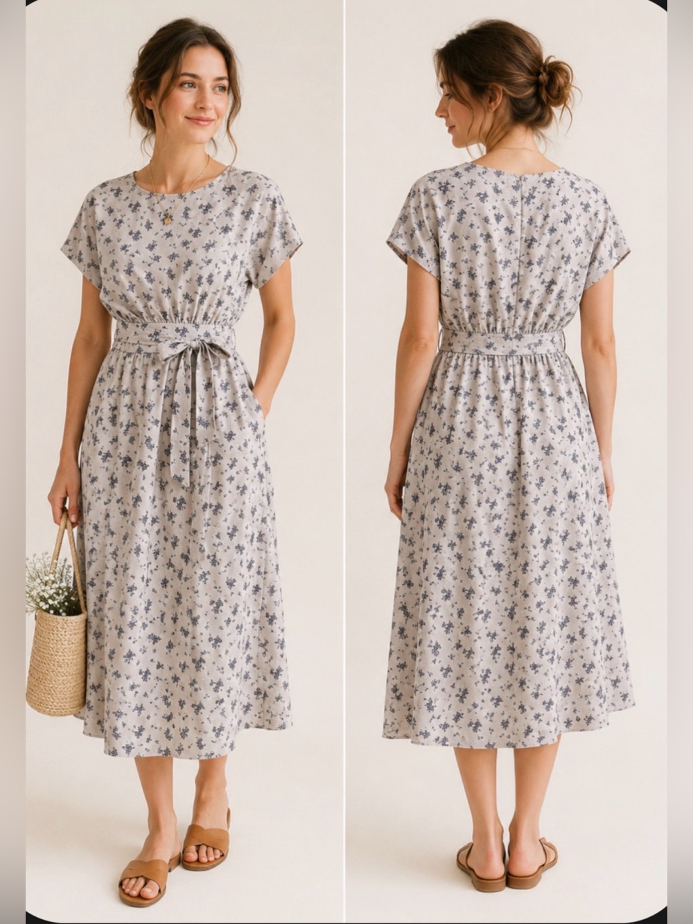 Polagram Gray Cottagecore Feminine prairie VTG Inspired Floral Print Midi Dress